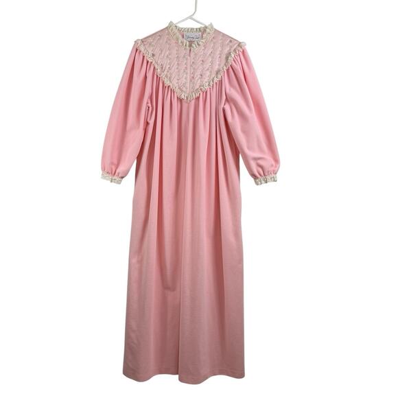 Vintage Vanity Fair Robe Medium Maxi Pink Embroidered Floral Lace Tradwife Zip - Picture 1 of 15